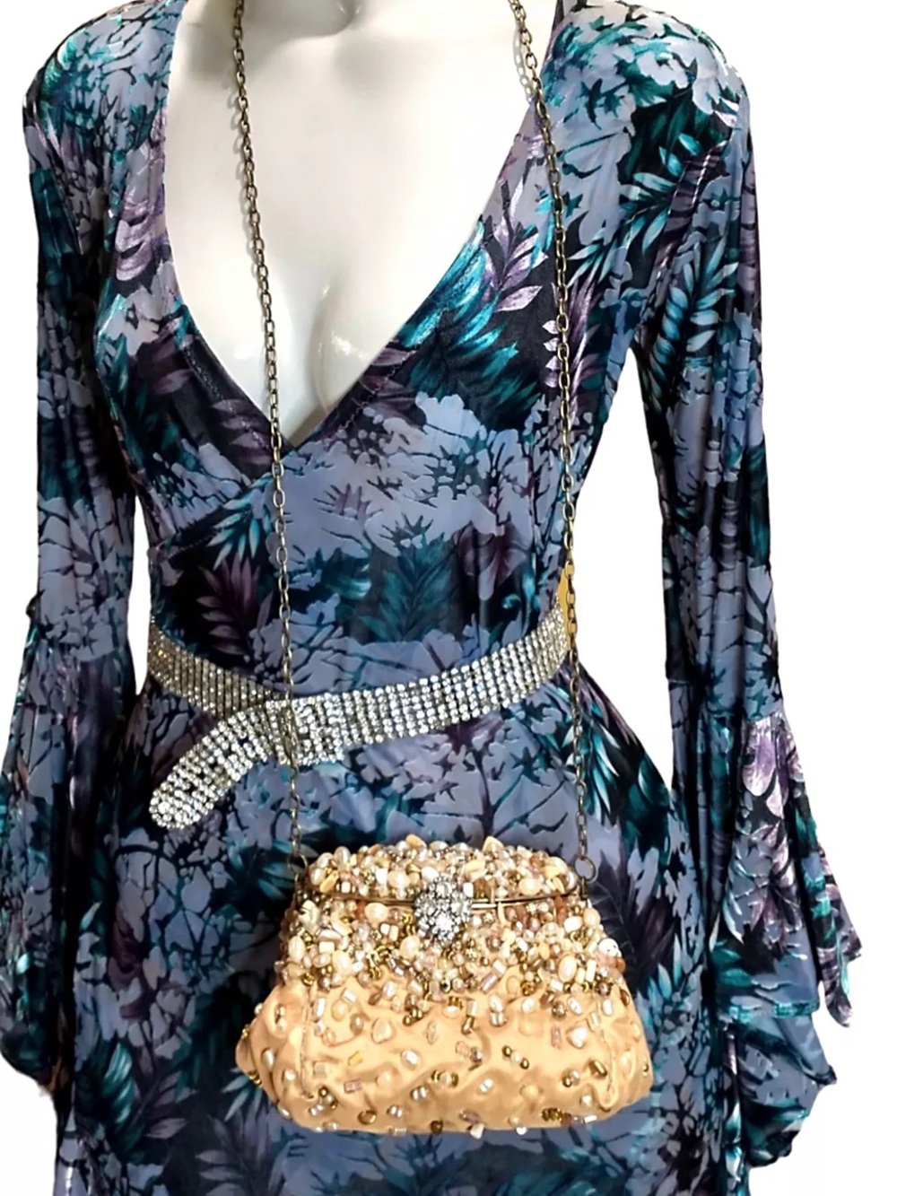 Embellished Gold Beaded Evening Shoulder Bag
